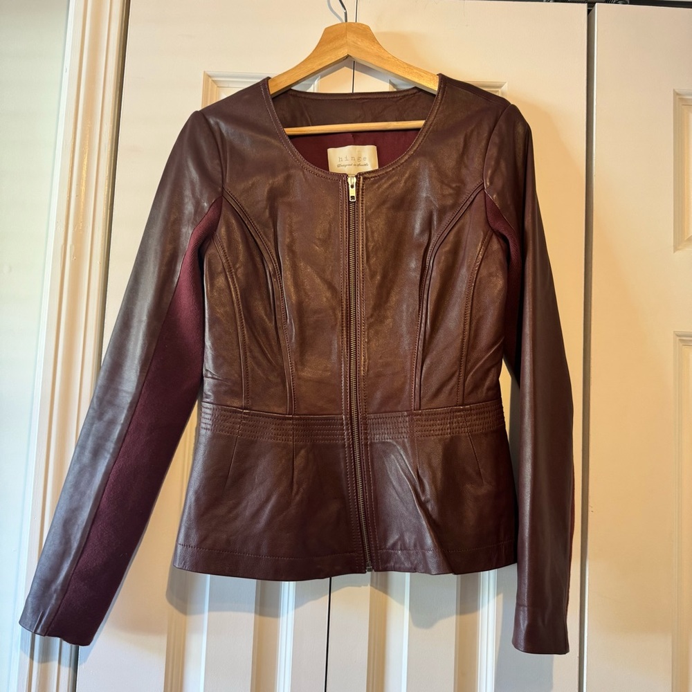 hinge Women's Burgundy Leather Zip-Front Jacket